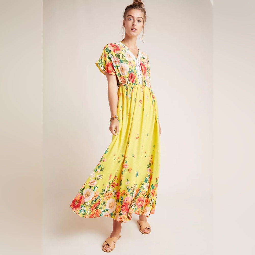 Anthropologie - Farm Rio Samara Floral Maxi Dress - Size:XS - Color:Yellow Motif